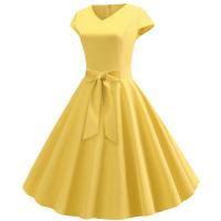Women summer vintage with belt short sleeve v neck elegant retro swing party dresses - details 11