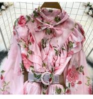 Elegante vestido midi de manga larga con corte en A y falda plisada, cintura ceñida, dobladillo de gasa, estampado floral coreano Sle Commute - details 1