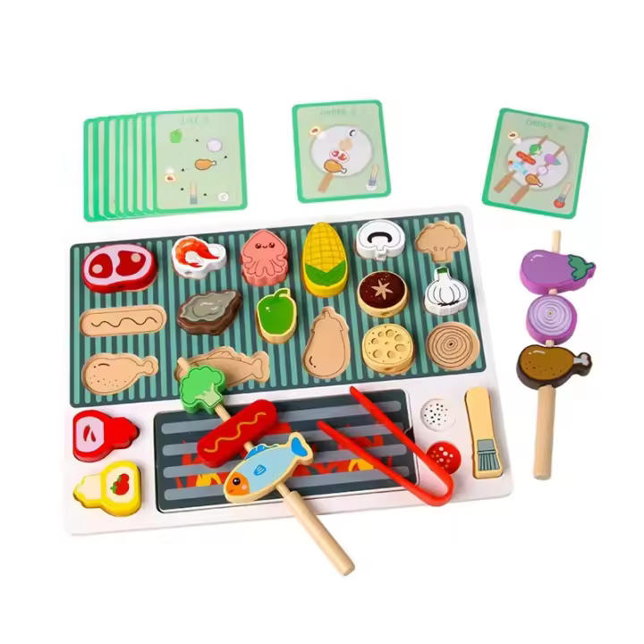 Cocina de juguete de madera para padres y niños pequeños Parrilla de cocina Rompecabezas cúbico Montessori Barbacoa simulada Papel de juego interior para 3 años + - 1