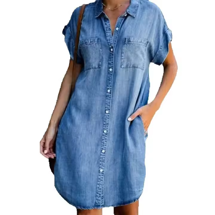 Vestido de mezclilla ajustado de manga corta informal para mujer nueva vendedora caliente - 1