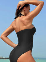 Elegante Traje de Baño Monokini de Colores Sólidos Cuello Halter para Mujeres Malla de Parche - details 3