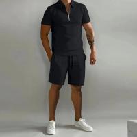 Traje Deportivo Casual para Hombres Polo de Color Sólido, Pantalones con Rayas Verticales, Manga Corta, Moda Suelta - details 2