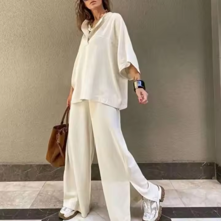 Conjunto de Dos Piezas de Algodón Vintage Pantalones de Pierna Ancha Casuales para Mujeres - 1