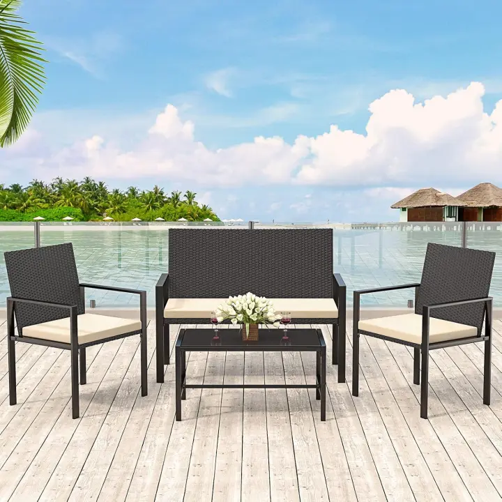Muebles de jardín de ratán, 4 piezas, muebles de mimbre para patio, 2 sillones, 1 sofá de dos plazas y 1 mesa (negro) - 1