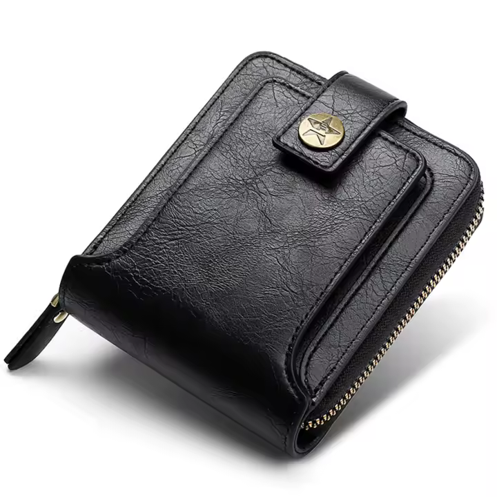 Cartera pequeña Vintage para hombre, monedero corto de cuero PU, Color sólido, con cierre y cremallera - 1