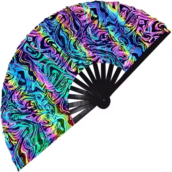 Rave Hand Fan Abanico plegable grande de bambú, abanico de mano plegable con brillo UV, abanico de mano para hombres/mujeres, abanico de mano para EDM, club, festival, concierto, baile, discoteca, carnaval - 1