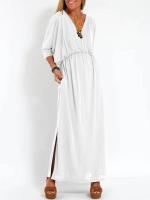 Vestido de verano nuevo de moda de color sólido con cintura alta y cuello en V dividido. - details 5