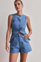 2025 primavera y verano nueva estación independiente de Amazon moda europea y americana cintura sin mangas cintura alta pantalones cortos sueltos conjunto de mezclilla - details 12