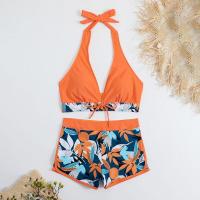 Bikini abierto con estampado de hojas retro en talla grande, conjunto de traje de baño de dos piezas con correas estables para mujer - details 45