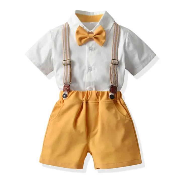 Cárdigan de algodón de manga corta para niño, pantalones cortos con tirantes de caballero, dos piezas, flor de boda, estilo coreano, color blanco puro, verano - 1