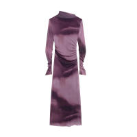 n Estampado de otoño de colores de tul plisado simple para mujer, vestido de malla informal de manga larga con - details 6