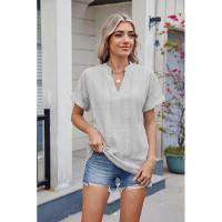 BUNO-2025 Blusas informales para mujer, camisas holgadas de manga corta con cuello de pico de Jacquard bordado a la moda, Tops elegantes de colores sólidos para verano - details 20