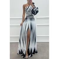 Vestido de gala largo asimétrico con estampado de rayas - Tul italiano holográfico y tecnología para graduaciones/bodas - details 2