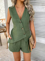 Conjunto de chaleco con botones estilo vacaciones de color sólido casual de primavera verano ropa de mujer. - details 16