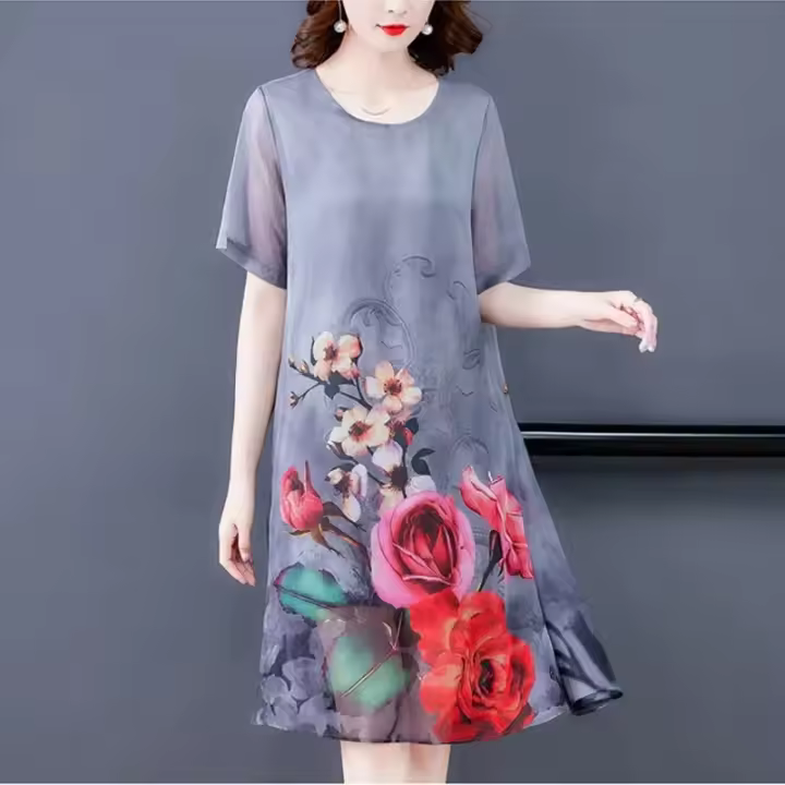 Vestido Casual de Moda para Mujeres Plus Size Verano 2023 Estilo Suelto Medio Largo con Estampado para Madres Mayores - 1