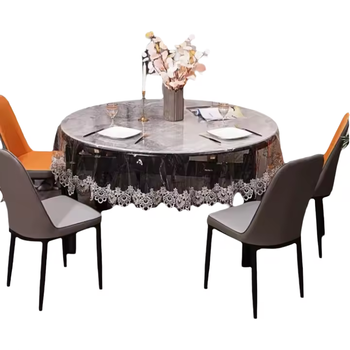 Mantel de Mesa Impermeable Suave y Transparente de PVC con Bordado de Encaje - 1