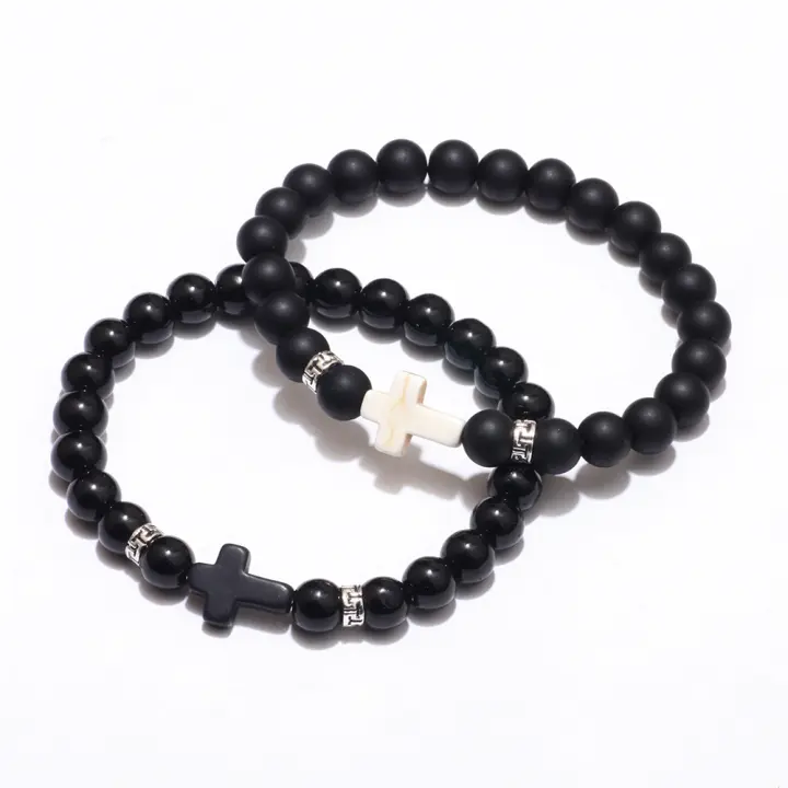 Pulsera de Obsidiana Negra Mate con Cruz, Brazalete de Piedras Naturales Tejido a Mano para Parejas, Joyería Vintage con Acabado Envejecido, Regalos para Hombre, - 1