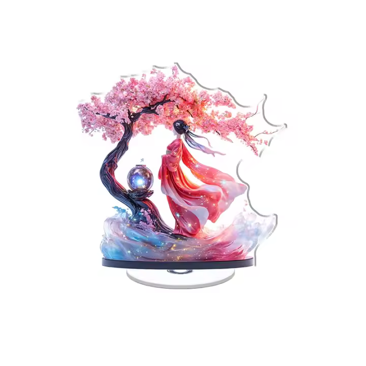 La exhibición acrílica giratoria presenta una mujer celestial con un kimono rojo brillante, flotando sobre un cerezo, sosteniendo un jarrón de piedra lunar, con colores vibrantes y detalles ricos. - 1