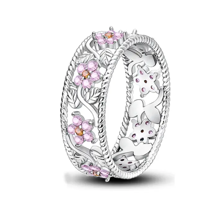 Anillo de Boda para Mujeres en Plata de Ley 925 con Flores de Begonia y Estrella de Zirconia Cúbica Joyería de Fiesta Regalos - 1