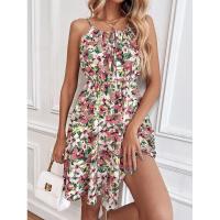 Vestido corto de verano nuevo elegante sin mangas con estampado y correa elástica en la cintura para mujer. - details 14