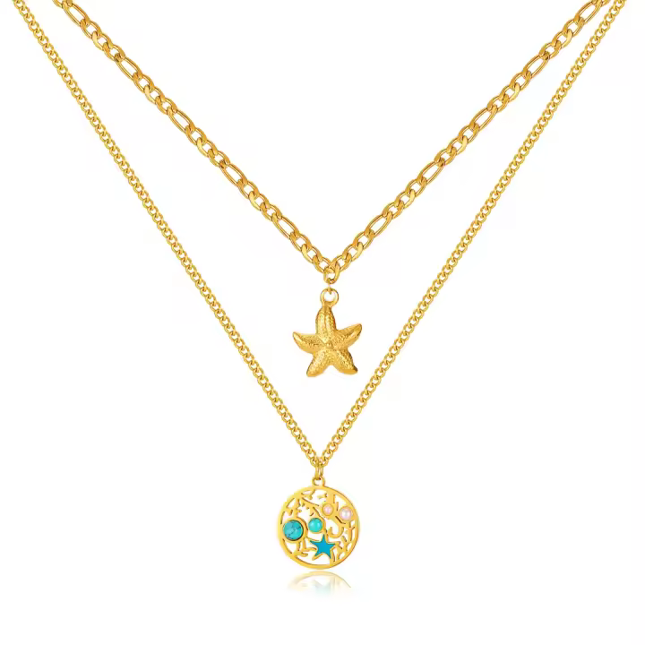 Collar con colgante de estrella de mar de doble capa – Gargantilla de acero inoxidable con perlas huecas y piedra natural para mujer - 1