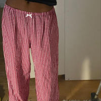 BUNO-Pantalones de encaje a rayas para mujer, Pantalones rectos de pierna ancha con cintura elástica y cordón, ropa de calle holgada para primavera y verano, pantalones de chándal informales - details 62