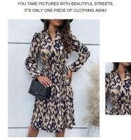 Elegante Vestido de Manga Larga con Estampado de Leopardo Cuello en V, Cintura Ajustada con Lazo, Falda Plisada 100% Poliéster - details 4