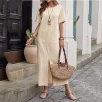 Novedad de verano, vestido suelto de manga corta con cuello redondo de Color sólido de algodón y lino - details 3