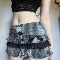 BUNO-minifalda de encaje en contraste, estilo gótico, detalle de lazo, cintura baja, estampado Floral, faldas cortas acampanadas, trajes de calle Y2K - details 1