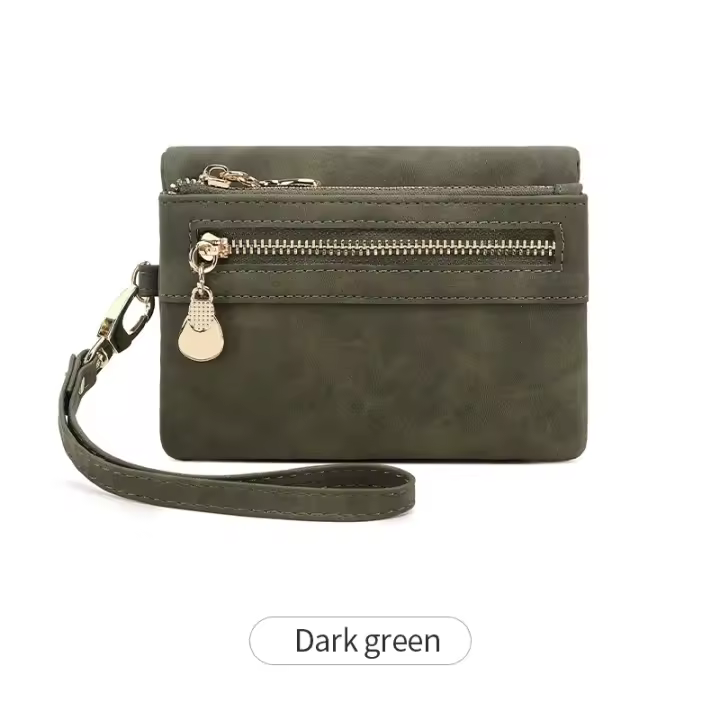 Cartera pequeña y plegable con cremallera doble, billetera corta con correa para la muñeca, billetera portátil de cuero PU para mujer - 1