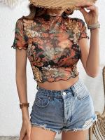 Nueva Camiseta de manga corta con estampado de malla, camiseta de manga corta con borde de oreja de madera para mujer - details 4