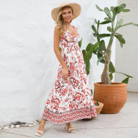 Vestidos largos bohemios para mujer, cuello en V, sin mangas, cintura alta, Maxi, estampados rojos, Playa - details 5