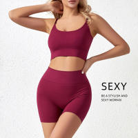 y pantalones cortos de cintura alta Conjunto de sujetador deportivo de color sólido para mujer para correr, entrenar, fitness - details 5