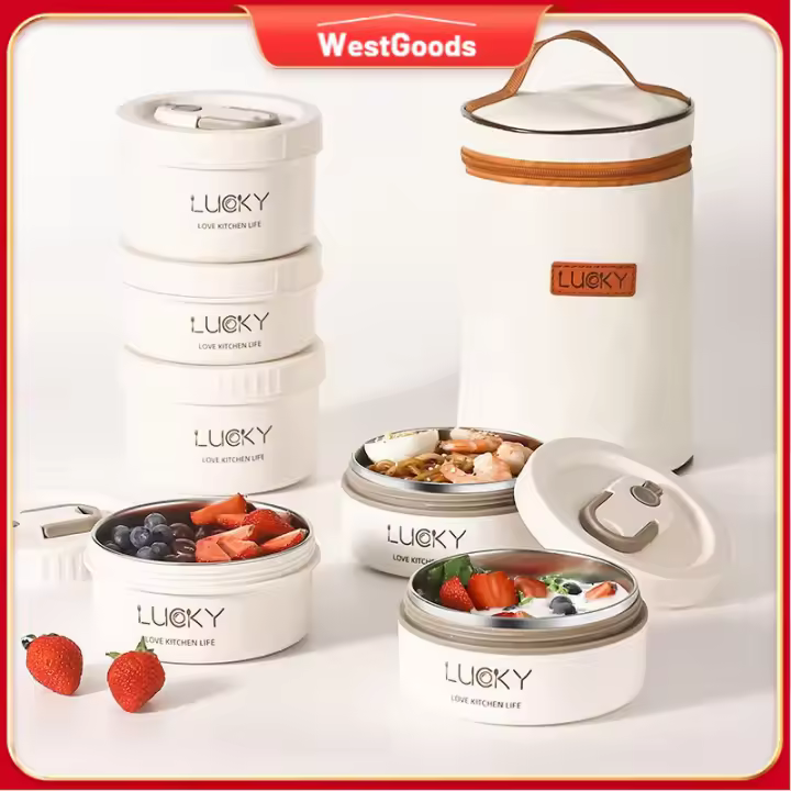 WG Juego de lonchera térmica apilable, lonchera Bento a prueba de fugas con aislamiento de acero inoxidable y bolsa termo - 1