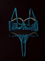 Conjunto de lencería de encaje floral erótico, sujetador abierto transparente y tanga con cadena, lencería sexy y ropa interior - details 1