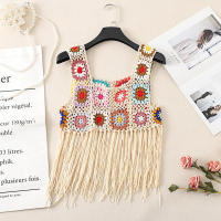 Top corto de punto con borlas para mujer, chaleco de ganchillo, camisola colorida, cubierta de Bikini, camisa - details 9