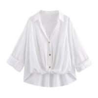 Novedad de Verano Blusa de Lino Mezclado para Mujer Top Sencillo Informal con Borde enrollado - details 1