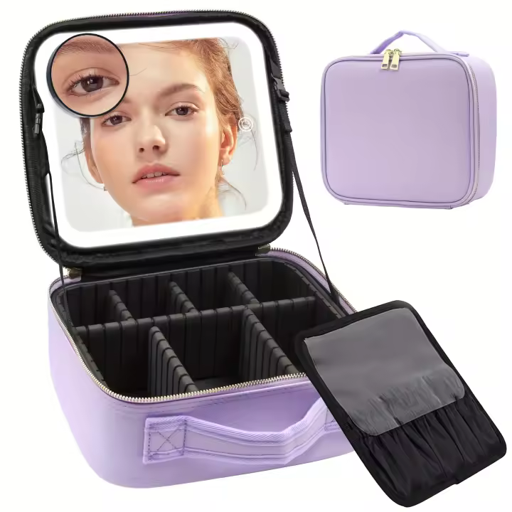 Bolsa de maquillaje LED: Estuche de viaje profesional de PU con divisores personalizados y espejo portátil - 1