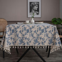 Mantel Cuadrado Retro Azul y Blanco Tela de Lino Sintético Lavable para Buffet Cocina - details 1