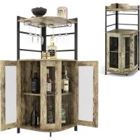 Armario de Esquina con Soporte de Copas, Mueble Bar con Puertas de Malla Metálica, Aparador de Vino con Estante Ajustable, Botellero Esquinero para Cocina, Comedor, 48 x 48 x 130 cm (Marrón) - details 7