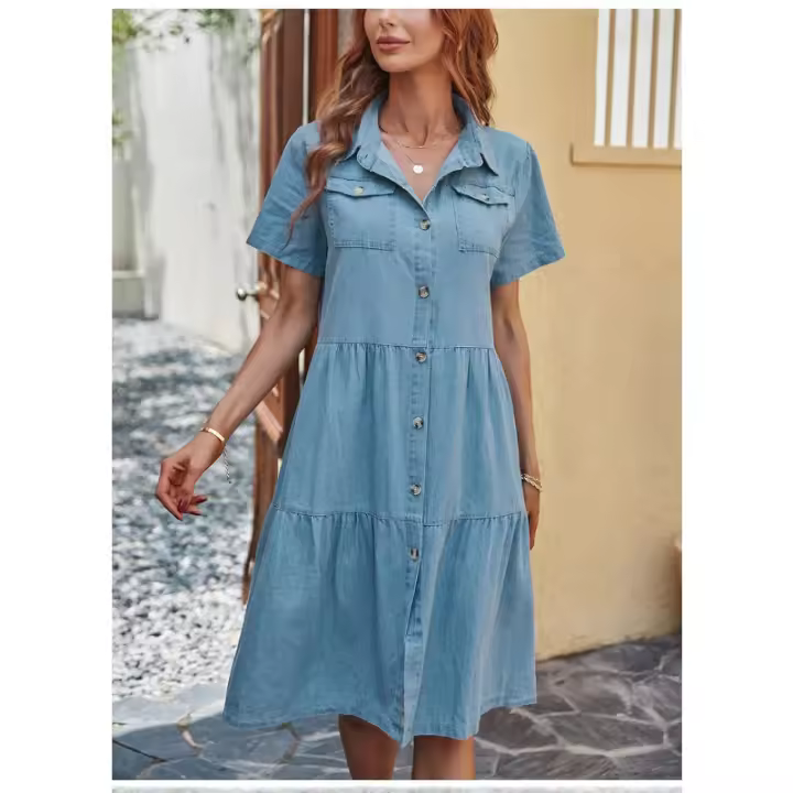 Vestido de mezclilla de manga corta para mujer, vestidos de moda de verano - 1