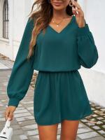 Minivestido informal de manga larga con cuello en V para mujer, color sólido, 2025 - details 6