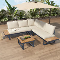 Conjunto de ocio para jardín, posición esquinera con función de reclinación en ángulo ajustable (5 niveles ajustables, hasta 55 ° ), acero tubular galvanizado, tablero de plástico con veta de teca, con mesa de centro, beige + gris - details 0