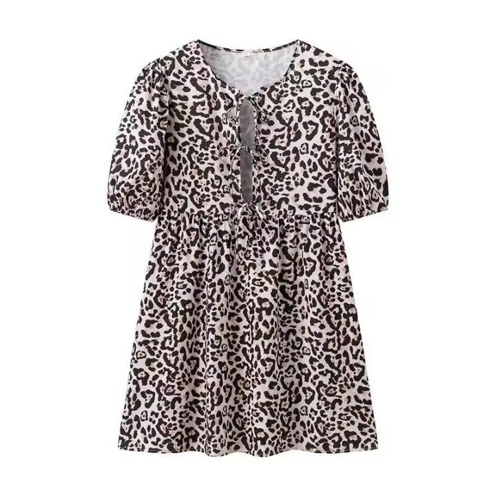 BUNO-vestidos minimalistas lisos empalmados con cordones para mujer, vestido con temperamento de cintura alta y manga corta con cuello redondo para mujer - 1