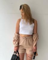 Conjunto de dos piezas para mujer, camisa de manga larga con cuello vuelto de tela arrugada, pantalones cortos con cordón de cintura alta, moda informal de talla grande - details 36