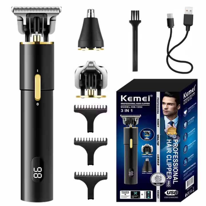 Kemei-cortadora de pelo inalámbrica para hombre, cortadora eléctrica multifuncional, recargable por USB, pantalla LCD - 1