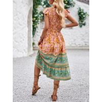 Vestido de verano con estampado bohemio, estilo de vacaciones, cuello en V, manga acampanada, moda para mujer - details 8