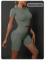 Conjunto de Shorts de Yoga de Algodón Melaleuca Sin Costuras Color Sólido Manga Corta - details 27