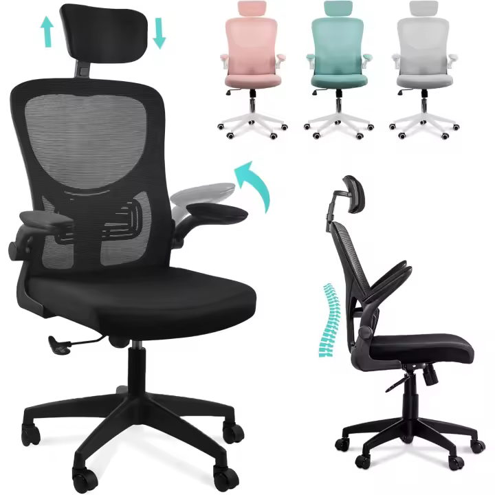 Silla de oficina Ajustable y Reclinable con Soporte Lumbar, Reposacabezas Ajustable, Plegables, Malla Transpirable, Ruedas Giratorias 360 °   Soporta hasta 120kg - Negro - 1