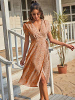 Elegante vestido de fiesta en la playa Serie A de manga corta, cuello en V bohemio, estampado floral de verano adecuado para mujeres - details 4